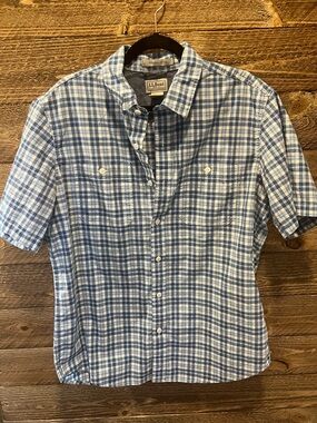 L.L. Bean Men’s Blue and White Short Sleeve Plaid Button-Down Shirt